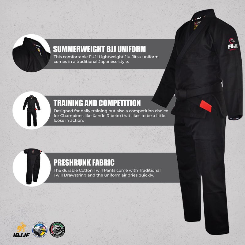 FUJI Lightweight Brazilian Style Jiu Jitsu Uniform, BJJ Uniform with Pearl Weave Fabric Jacket and Bungee Drawstrings, Black, Size A2 - Image 5